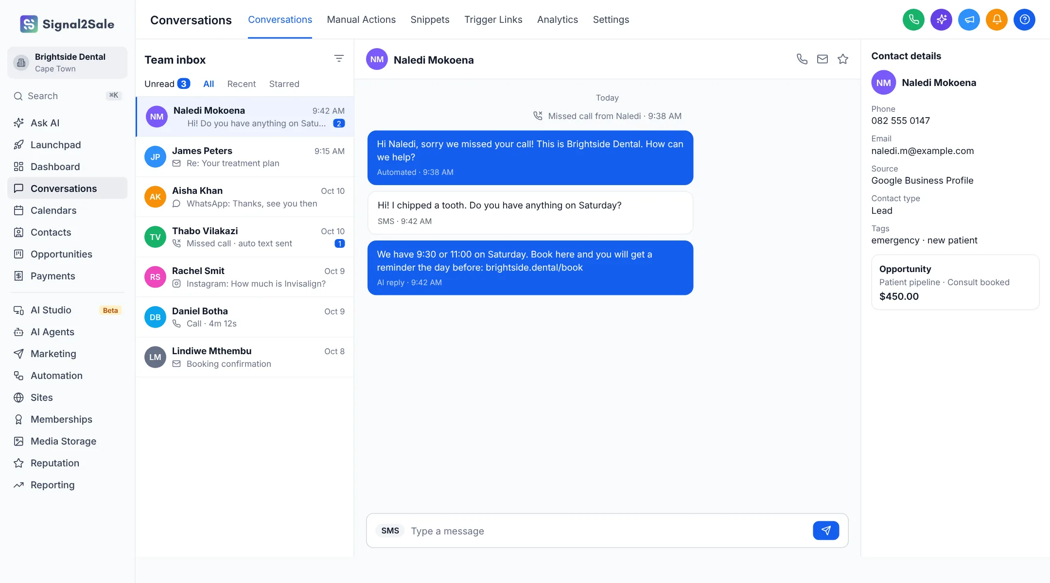 Signal2Sale unified inbox with SMS, email and WhatsApp conversations and contact details