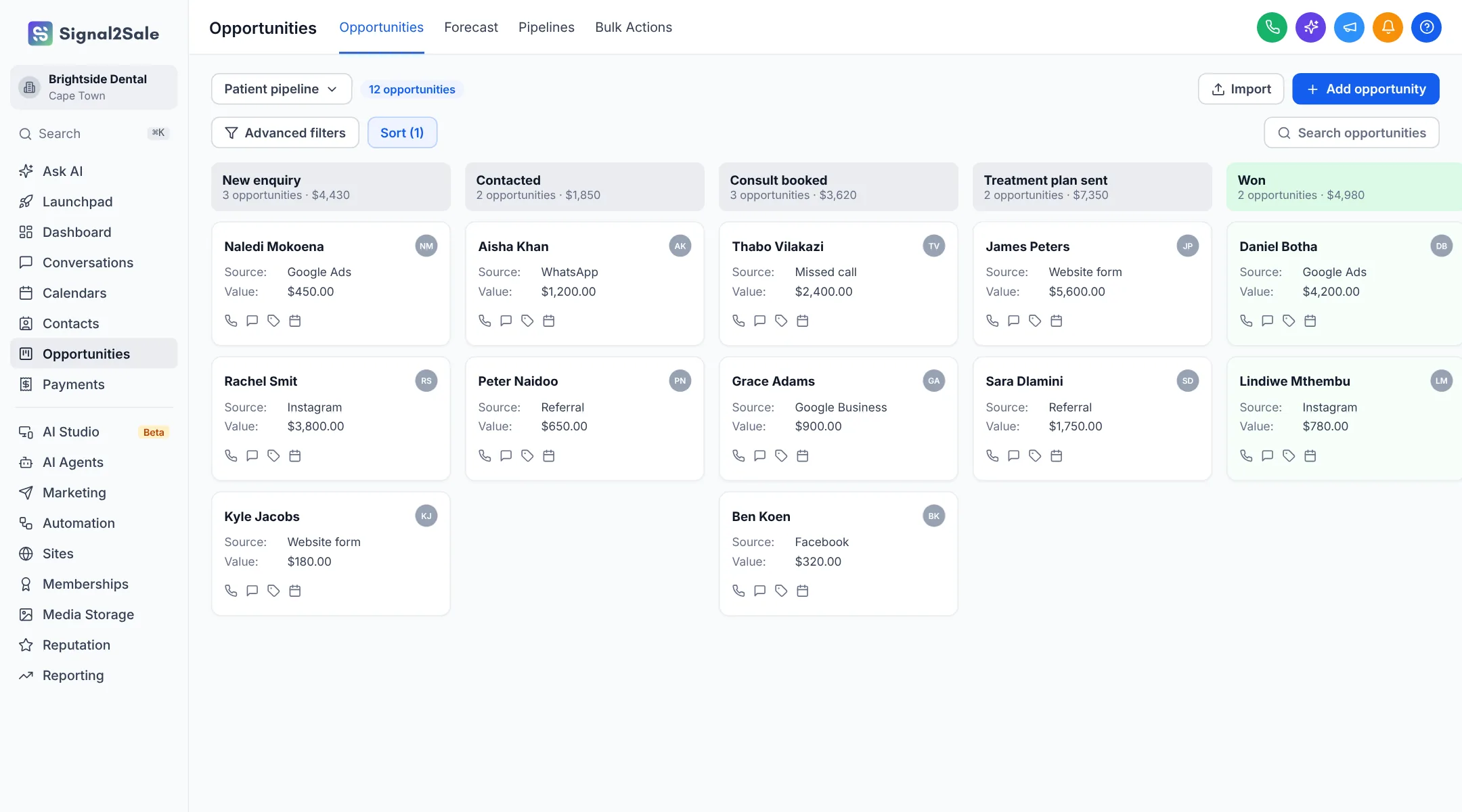 Signal2Sale opportunities pipeline with stages from new enquiry to won