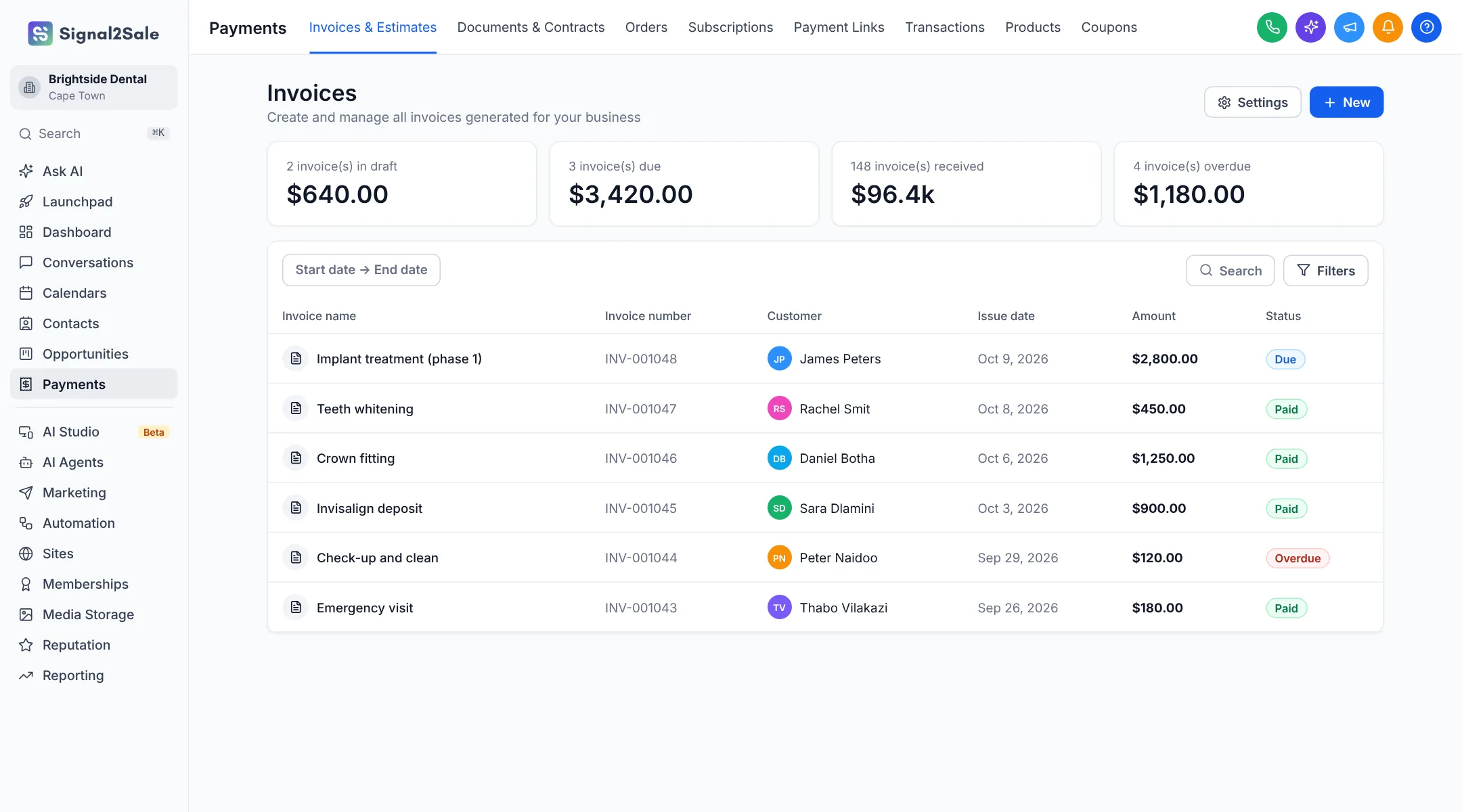Signal2Sale invoices list showing paid, due and overdue invoices